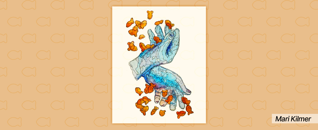 Watercolor painting of blue hands catching and dropping goldfish snack crackers